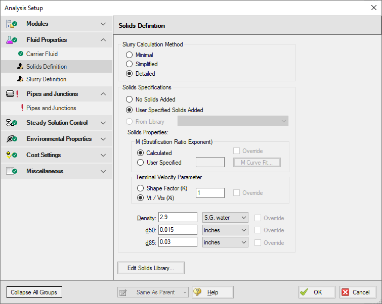 Analysis Setup for Pump Sizing for Sand Transfer System example